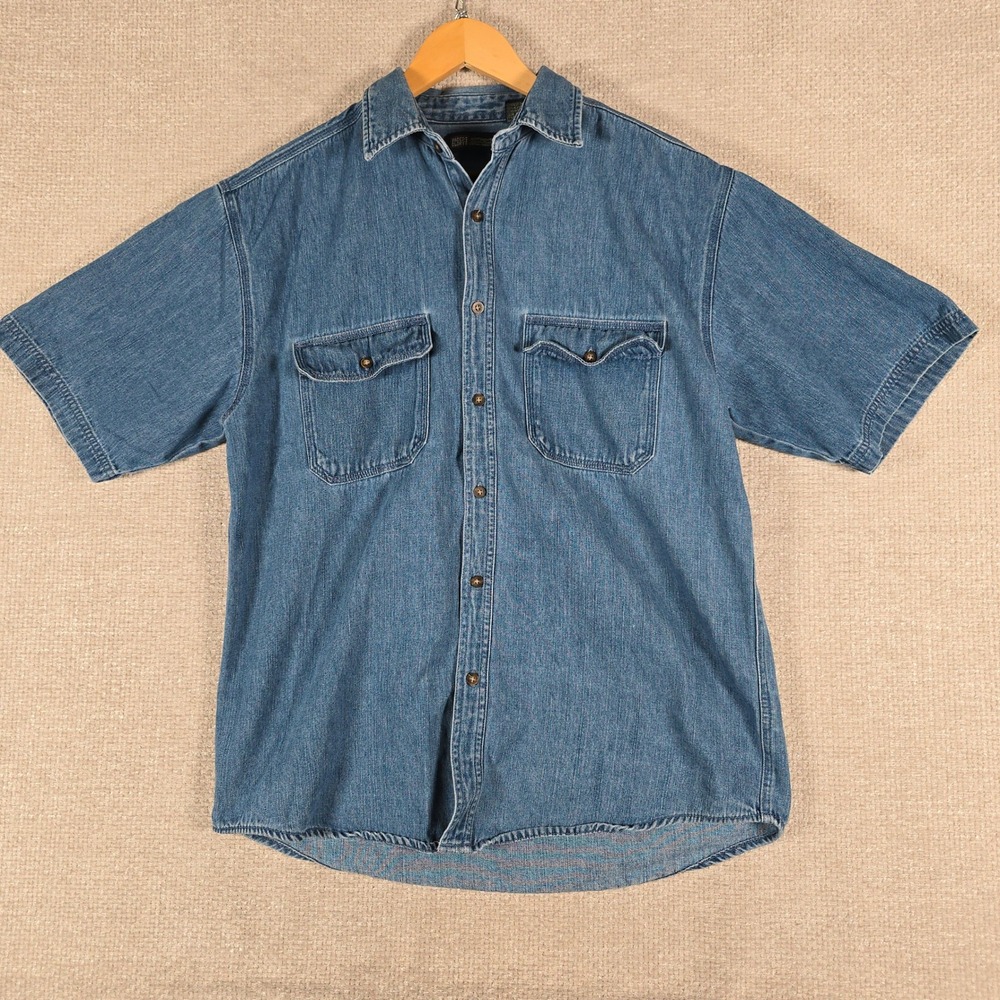 Faded Glory Mens Medium Blue Denim Short‎ Sleeve Button Down Shirt Cotton